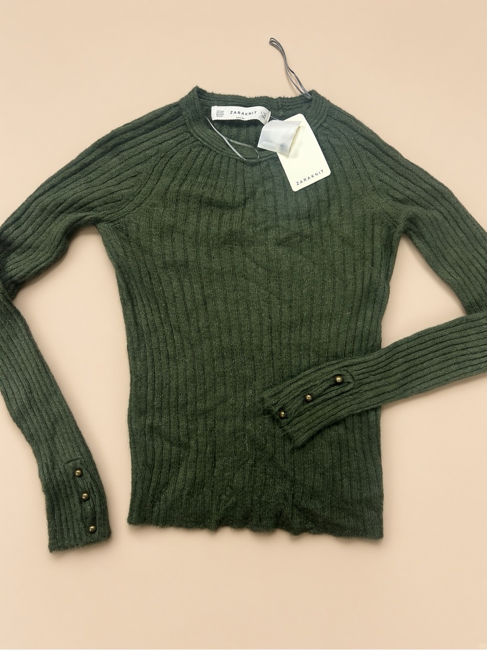 Zara Olive Green Crewneck Sweater with Button Cuffs- Made in Spain